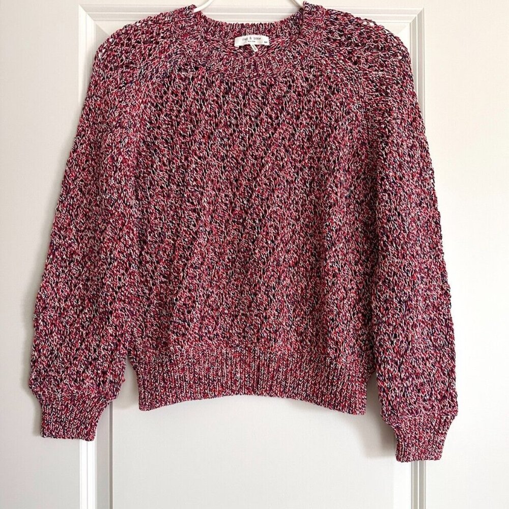 Women's Rag & Bone Cotton Open-Knit Crewneck Sweater in Red Multi Size S